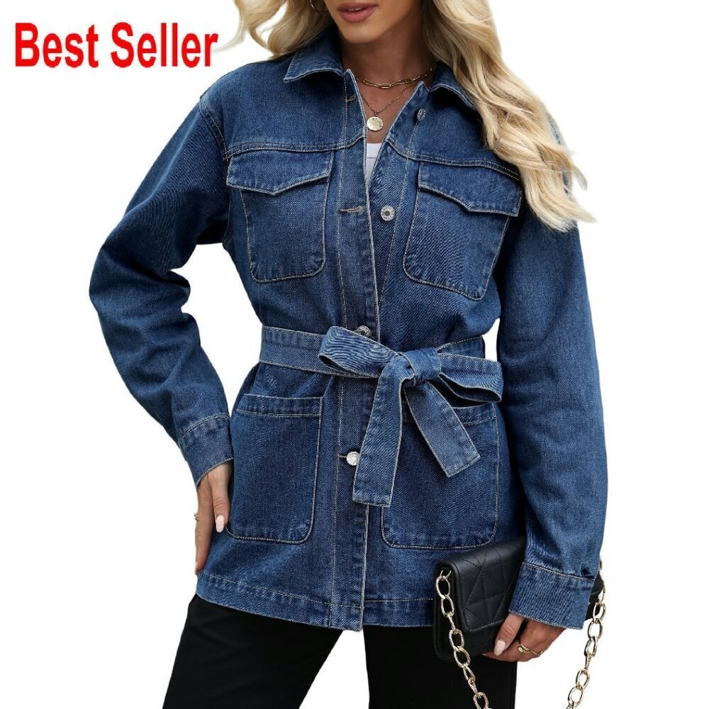 Oversized Denim Jacket Mid Long Classic Chic Trendy With Belt Pockets